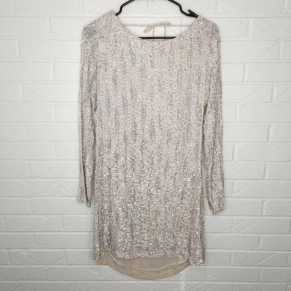 MLV Tyler Ivory Sequined Mini Dress Long Sleeve Backless Fully Beaded Lined S - Picture 1 of 7